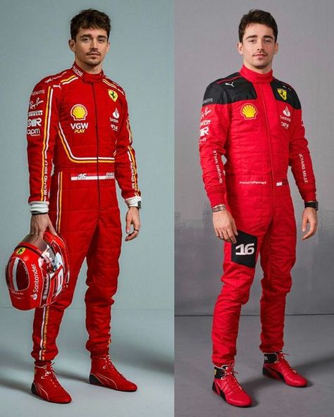 Kym Illman F1 on Instagram: "NEW SUITS  Comparing the 2024 Ferrari race suits (left) with last year’s.  I like it that the black has been removed this year and The drivers name and number across the waist with a long flag behind is a great touch." Ferrari Suit, F1 Suit, F1 Ferrari, F1 Suit Design, Race Suit, F1 Drivers In Suits, Ferrari Racing Jacket, F1 Race Suit, Ferrari Race Suit