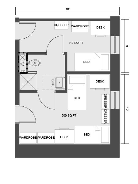 University of South Carolina Housing - Virtual Tour - Honors Residence  our dorm layout and measurement info! Room For 5 People, Dorm Set Up Layout, Gryffindor Dorm Room, Budget Dorm Room, Single Dorm Room, Design Your Own Room, Dorm Layout, Dorm Room Layouts, Small Dorm Room