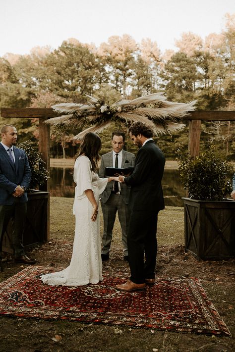 Cozy Boho Backyard Wedding in Georgia | Junebug Weddings Rug Outdoor Wedding Ceremony, Vintage Rug Wedding Ceremony, Rugs For Outdoor Wedding, Rugs Outdoor Wedding, Rug Ceremony Wedding, Rug For Wedding Ceremony, Rug Wedding Ceremony, Wedding Ceremony Rug, Vintage Rug Wedding