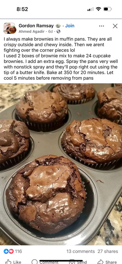 Brownie Mix Recipes, Bake Brownies, Brownie Cupcakes, Cupcake Pan, Muffin Tin, Yummy Sweets, Eat Dessert, Cookie Desserts, Brownie Recipes