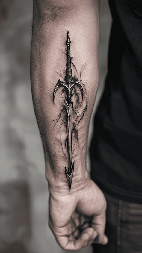 Modern Spartan: 18 Greek Tattoo Ideas Every Man Should Consider 30 Odins Spear Tattoo, Greek Mythology Tattoos Men, Zeus Tattoos, Greek Tattoos Mythology, Modern Spartan, Greek Tattoo Ideas, Elvish Tattoo, Armour Tattoo, Celtic Tattoos For Men