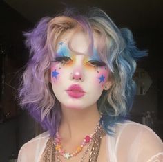 Fun Full Face Makeup Looks, Pink And Blue Clown Makeup, Clowncore Outfits Aesthetic, Clown Makeup Rainbow, Clown Makeup Inspo Colorful, Rainbow Halloween Makeup, Pastel Clown Costume, Colourful Clown Makeup, Fun Clown Makeup