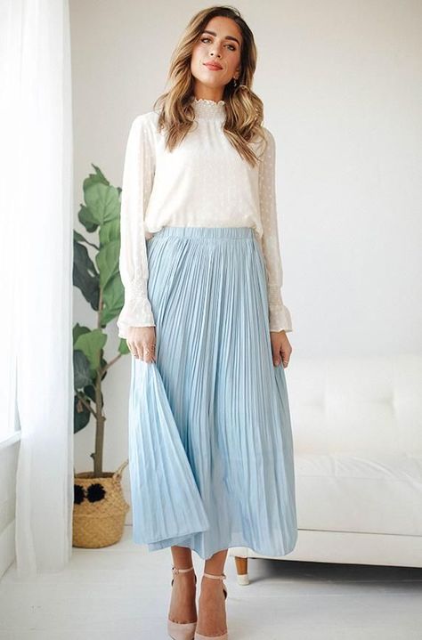 8c00dee24c9878fea090ed070b44f1ab Tops For Pleated Skirts, Light Blue Long Skirt Outfit, Light Blue Pleated Skirt Outfit, Modest Pleated Skirt, Classy Modest Outfits, Blue Pleated Skirt Outfit, Light Blue Pleated Skirt, Missionary Outfits, Tznius Fashion