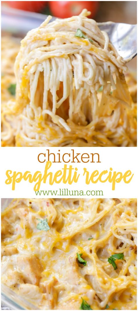 A new twist on your favorite pasta dinner! This easy recipe calls for chicken, spaghetti noodles, cream of chicken, salsa, sour cream and cheese, making it the epitome of comfort food. Everyone will love Chicken Spaghetti! Easy Dinner Recipes With Instructions, Taco Chicken Spaghetti, Cream Of Chicken Soup Recipes Pasta, Chicken And Noodle Crockpot, Chicken Cream Cheese Spaghetti, Easy Diced Chicken Recipes Dinners, Spaghetti And Chicken Recipes Easy, What Can I Make With Cream Of Chicken, What Can I Make With Spaghetti Noodles