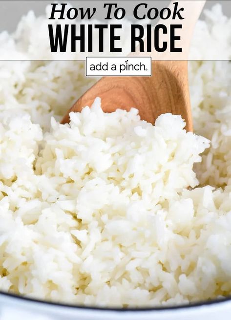 Learn how to cook white rice using this easy, no-fail recipe! Perfect every time for using short, long grain, jasmine, or basmati white rice! A foolproof rice recipe for fluffy, white grains every time. //addapinch.com #howtocookwhiterice #whiterice #rice #addapinch Healthy White Rice Recipes, How To Cook White Rice, How To Make White Rice, White Rice Recipes Easy, Healthy White Rice, Baked Boneless Skinless Chicken Breast, White Rice Recipe, Perfect White Rice, Long Grain White Rice