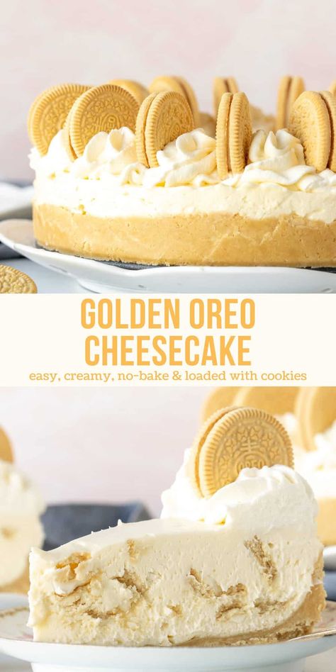 This no-bake Golden Oreo cheesecake is creamy, filled with Golden Oreos and perfect if you opt for vanilla over chocolate. It has a crunchy vanilla Oreo crust, Oreo pieces in the filling, and is decorated with even more Golden Oreos! #goldenoreo #cheesecake #nobake #recipe #oreo from Just So Tasty Golden Oreo Crust Recipes, Vanilla Oreo Cheesecake, Golden Oreo Recipes, Golden Oreo Cheesecake, Golden Oreo Cookies, Oreo Crust Recipe, Golden Oreo Crust, Cheesecake With Whipped Cream, Vanilla Oreo