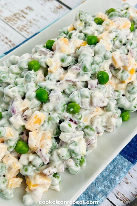 Pea And Cheese Salad, Easy Pea Salad Simple, Pea Salad Vegan, Iowa Pea Salad, Pee Salad Recipes, Pea Salad With Lettuce, Pea Salad With Canned Peas, Corn And Pea Salad, Green Pea Salad Recipe