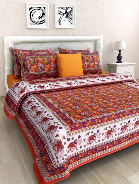 Jivika Enterprises 100% Cotton Double Bedsheet With 2 Pillow Covers , Multi Colour  #home #homedecore #homedecor #bedsheets Pillow Covers Amazon, Pretty Bed Sheets, Colour Home, Jaipuri Print, Bed Sheets Online, King Size Bed Sheets, Double Bed Sheets, Cotton Bedsheets, Orange Colour