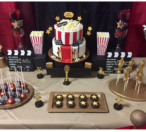 Movie Theme 30th Birthday Party, Hollywood Theme Dessert Table, Hollywood Dessert Table, Movie Candy Bar, Movie Theme Dessert Table, Theater Theme Grad Party, Movie Premiere Sweet 16, Movie Theme Cake, Old Hollywood Party