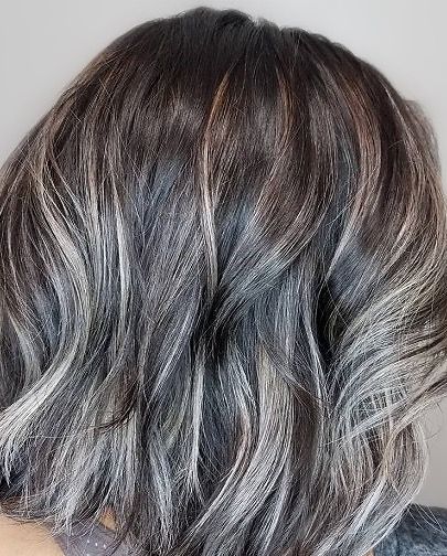 Brunette Salt And Pepper Hair, Brown Grey Balayage, Subtle Silver Highlights On Dark Hair, Gray Highlights On Brown Hair, Salt And Pepper Highlights, Medium Brown Hair With Silver Highlights, Dark Hair With Gray Highlights, Dark Hair Going Gray, Ash Babylights