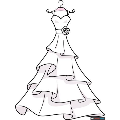 How to Draw an Easy Wedding Dress Easy Wedding Dress, Wedding Dress Drawings, Wedding Coloring Pages, Drawing Steps, Castle Drawing, Simple Dress Pattern, Drawing Guides, Easy Wedding, Drawing Tutorials For Kids