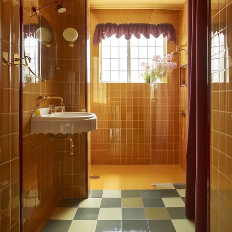 70s Style Bathroom, Bathroom 70s, 70’s Bathroom, Groovy Bathroom, Orange Vibe, 1970s Bathroom, 70s Bathroom, Colorful Bathrooms, Bathroom Upstairs