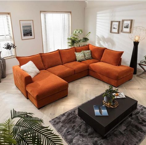 U Shaped Sofa Living Room, U Shaped Sectional Living Room, Sofa Living Room Layout, Orange Sectional, Sectional Living Room Layout, Sectional Living Room, Bedroom Ideas For Small Rooms Cozy, Colourful Living Room Decor, Chic Sofa