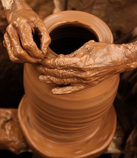 So I went down to the potter's house, and I saw him working at the wheel... the clay was marred in his hands; so the potter formed it into another pot, shaping it as seemed best to him. Jeremiah 18:3-4 World Cultures, The Potter's Hand, Working Hands, Happy Buddha, Pottery Classes, Pottery Sculpture, Potters Wheel, Pottery Wheel, Pottery Making