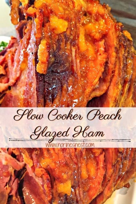 Peach Ham Glaze Recipe, Easter Main Course, Peach Glazed Ham, Slow Cooker Ham Recipes, Peach Glaze, Spiral Cut Ham, Spiced Peaches, Pork Crockpot Recipes, Ham Glaze Recipe