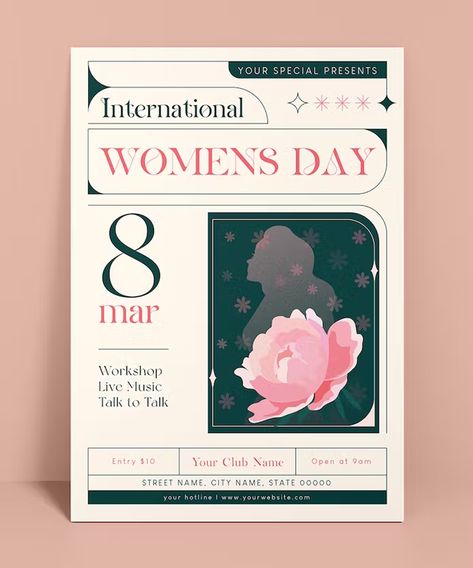 Women's Day Flyer Template AI, EPS Feminine Design Graphic, Flyer Ideas Design, Woman Day Poster, Woman Day Design Poster, Womens Day Posters Graphic Design, Women's Day Flyer, Class Poster Design, Graphic Shapes Design, Flyer Design Layout