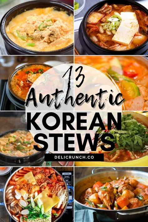 Hearty Korean stew recipes featuring a variety of ingredients like beef, pork, seafood, and vegetables cooked in a flavorful broth, jjigae is a guaranteed crowd-pleaser. From classic combinations of silky tofu and kimchi to spice-filled seafood stews, here are 13 of the best and most authentic jjigae recipes. Authentic Korean Food Recipes, Soup Recipes Korean, Asian Stew Recipes, Spicy Stew Recipes, Kimchi Stew Aesthetic, Soondubu Jjigae Recipe, Korean Stone Bowl Recipes, Korean Soups And Stews Recipes, South Korean Recipes