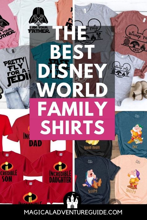 Whether you want a matching set, shirts coordinated by theme, or personalized tees, these top picks of the best family shirts for your Disney vacation are super fun! We've got something for everyone with these cute shirts! Family Of 5 Disney Shirts, Disney Tee Shirt Ideas, Matching Disneyworld Shirts, Disney Tees Family, Disney Shirts For Cousins, Matching Shirts For Disney World, Family Disney Trip Shirts Ideas, Disney Shirt Designs Family Vacations, Family Shirts Disney World