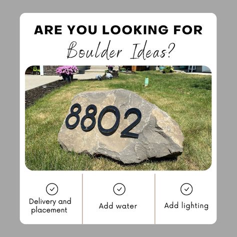 If you’re looking to add a wow factor to your yard, you might want to try including a few large boulders in your landscaping. One or two well-placed boulders would go a long way to create an impressive focal point in your garden or front yard. Landscaping with large boulders can seem daunting but at Rockland, our knowledgeable staff is here to help you. We’ll help you choose the size and colour within your budget and place your boulder(s) in your yard. Front Yard Landscaping With Boulders, Large Boulders Landscaping Front Yards, Boulder Landscaping Ideas, Front Porch Landscape, Water Fountain Design, Custom Water Feature, Tiki Head, Porch Landscaping, Sloped Yard