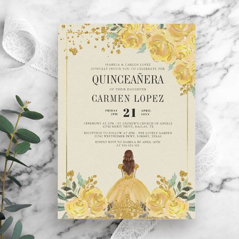 Floral Glitter Gold & Yellow Princess Quinceanera Invitation - tap, personalize, buy right now! #Invitation #budget #quinceanera #birthday #invitation, #quincea&241;era Yellow Quince, Invitations Quinceanera, Quince Invitations, Quinceanera Invitation, Quince Ideas, Invitation Floral, Butterfly Birthday, Quinceanera Invitations, Glitter Gold