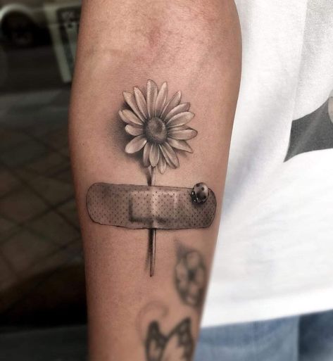 Good Captions, Tattoo Ideas For Female, Men Tattoo Ideas, Black White Tattoos, Men Tattoo, Daisy Tattoo, Tattoo People, White Sunflowers, Full Sleeve Tattoos