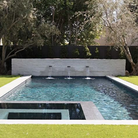 farmhouse-style-swimming-pool Small Pool With Water Feature, Rectangle Pool Landscaping Backyard, Pool And Hot Tub Backyard, Swimming Pools Kendrick Lamar, Kendrick Lamar Swimming Pools, Backyard Design Layout With Pool, Patio Vibes, Backyard Vibes, Luxury Poolside