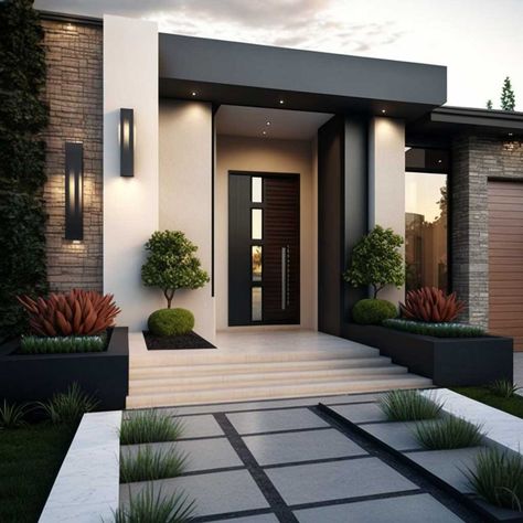 House Exterior Entrance Ideas, Home Entrance Landscaping Ideas, Front Of Houses Ideas, Home Exterior Contemporary, Home Entry Outside, House Entrance Ideas Outdoor, Front Area Of House, Home Outside Entrance Ideas, Contemporary House Front Elevation