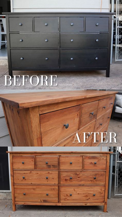 I found this IKEA dresser on Facebook Market place and decided to refurbish it for my bedroom! Full video and products are linked! Ikea Hemes Dresser, Refinished Ikea Dresser, Painted Ikea Dresser Hemnes, Ikea Hemmes Dresser, Black Hemnes Bedroom, Ikea Hemnes 6 Drawer Dresser Hack, Diy Redo Bedroom Furniture, Refinished Hemnes Dresser, Hemnes Dresser Living Room