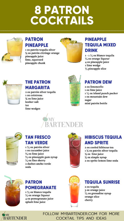 Patron Cocktails Espolon Tequila Drinks, Drinks To Make With Tequila, Tequila Infusions, Drink Recipes Tequila, Patron Cocktails, Tequila Cocktails Recipes, Easy Tequila Cocktails, Patron Drinks, Classic Tequila Cocktails