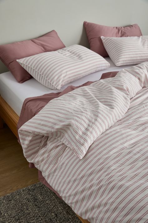 Pink Stripe Bedding, Strip Bedding, Bed Sheets Ideas, Pinstripe Bedding, Make The Bed, Stripe Bedding, Luxury Bedroom Decor, Striped Bedding, Bed Comforter Sets