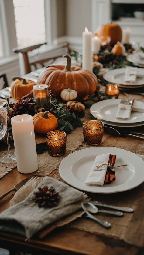 Create a cozy and inviting ambiance with our fall table settings blog post Discover autumn-inspired rustic and elegant wedding table setting ideas for an upmarket yet casual dining experience From round table decor to dollar tree autumn dinner essentials elevate your dining room with beautiful and casual touches perfect for the fall season Round Thanksgiving Table Decor, Fall Dinner Party Decor, Wooden Table Setting, Fall Party Table Decor, Amber Wine Glasses Table Setting, Thanksgiving Table Scape Fairy Lights, Moody Fall Place Settings Table Scapes Candles, Amber Glass Tablescape Thanksgiving Table, Table Setting Fall