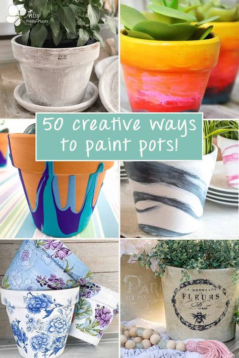 50 great painting clay pots ideas. Fun projects to make and perfect for kids too. Come get inspired to decorate your plain pots! #artsyprettyplants #easycrafts #paintingcrafts #paintingideas #gardencrafts #gardendecor Paint A Terracotta Pot, Pottery Planter Painting Ideas, Planter Designs Painted, Small Clay Pots Ideas, Flower Pot Painting Ideas Simple, Clay Pots Painting, Painting Flower Pots Ideas Simple, Painted Clay Pots Ideas, Plant Pots Painting Ideas