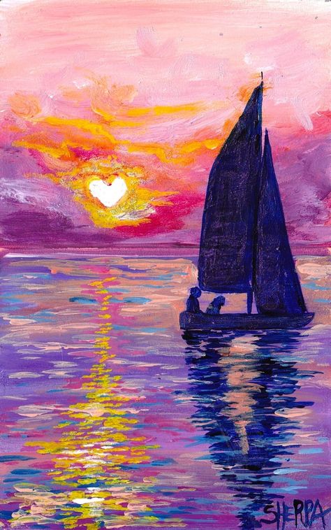 Love boat heart sunset romantic painting. Beginners learn to paint full acrylic art lesson. Fun and fully guided with The Art Sherpa. YOU can paint this. Artwork is the property of Cinnamon Cooney and The Art Sherpa LLC. and is intended for the personal enjoyment of the student. For commercial use contact  https://theartsherpa.com/labs Love Art Acrylic Paintings, Canvas Romantic Painting, Heart Sunset Painting, Love Inspired Paintings, Love Theme Painting, Romantic Paintings For Him, Easy Romantic Painting Ideas, Romantic Easy Paintings, Easy Romantic Paintings