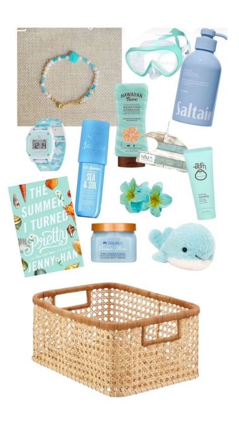 Summer Basket For Teens, Tsitp Gift Ideas, Beach Themed Basket, Best Presents For Best Friends, Beachy Gift Basket Ideas, Beachy Birthday Gifts, Shark Gift Basket, Summer Birthday Gift Ideas, What To Put In Your Beach Bag