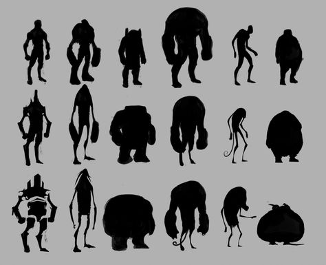 Sillouttes Concept Art, Character Sillouhette Design, Character Silhouettes Concept, Character Sillouhette, Black And White Concept Art, Character Silhouette Design, Silhouette Concept Art, Character Design Silhouette, Ideas For Characters