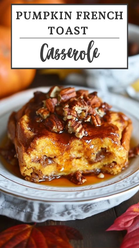 This Pumpkin French Toast Casserole is the ultimate cozy fall breakfast! Made with creamy pumpkin, warm spices, and custardy bread, it’s an easy make-ahead dish perfect for holiday mornings or weekend brunch. Just prep the night before, let it sit in the fridge, and bake when you're ready. Serve it with maple syrup for a decadent treat! Follow me on Pinterest for more delicious recipes like this one! Simple French Toast, Friendsgiving Brunch, Pumpkin French Toast Bake, Pumpkin Foods, Easy French Toast Bake, Autumn Breakfast, Pumpkin French Toast Casserole, Fall Recipes Breakfast, Thanksgiving Brunch