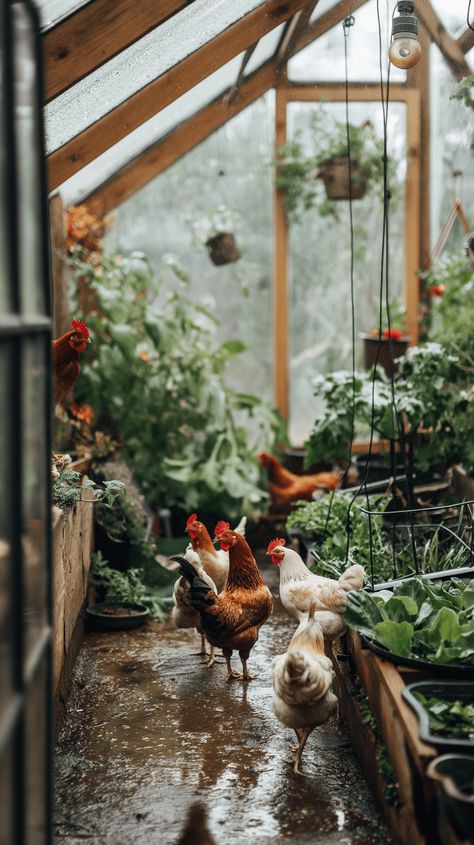 Discover the rustic tranquility of a greenhouse where chickens freely roam amidst lush greenery and dappled sunlight. This serene farm scene captures the peaceful coexistence of nature and rural life. #RusticGreenhouse #FarmLife #Chickens #CountrysideCharm #RuralBliss #NatureTranquility #FarmyardHarmony Nature, Plants In Chicken Coop, Birds At Home, Chickens On A Farm, Little Farm Aesthetic, Moody Chicken Coop, Homesteading Uk, Home Steading Aesthetic, Small Family Farm