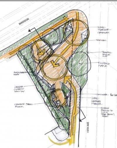 Design sketches give glimpse of new park at 19th and Madison | Central District News Public Park Design, Interactive Walls, Sensory Garden, Landscape Sketch, Park Landscape, Wall Seating, Architecture Drawing Art, Landscape Plan, Parking Design