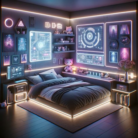 Scifi Bedroom Concept Art, Futuristic Bedroom Aesthetic, Tech Bedroom Ideas, High Tech Bedroom, Cyberpunk Bedroom Ideas, Cyberpunk House Interior, Technology Bedroom, Cyberpunk Aesthetic Room, Cyberpunk Room Interiors