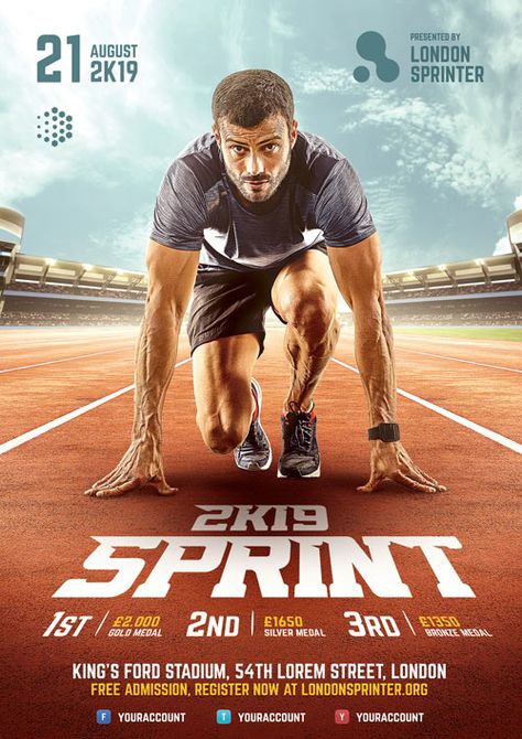 Sprint Run Flyer Template on Behance Sports Ad Design, Gym Ads Design, Running Design Graphic, Sport Advertising Design, Sport Poster Design Inspiration, Running Poster Design, Running Graphic Design, Run Graphic Design, Sports Flyer Design