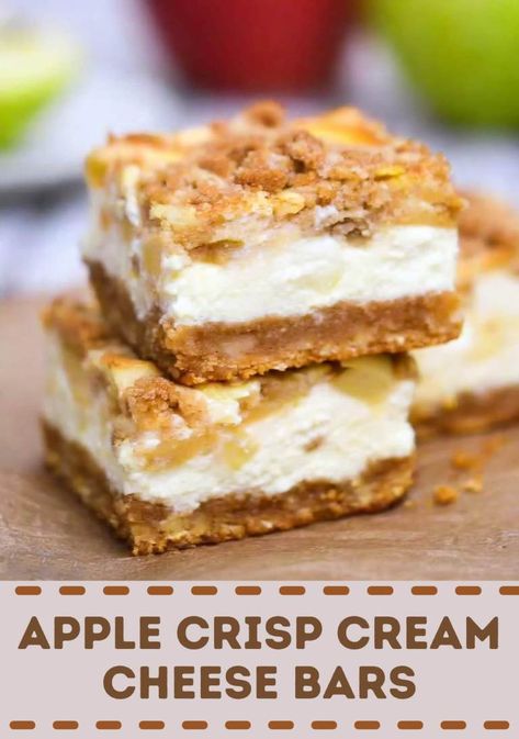 Apple Crisp Cream Cheese Bars Apple Cream Cheese Recipes, Apple Crisp Cheesecake, Cheese Bars, Apple Cream Cheese, Pear Dessert, Cream Cheese Bars, Apple Cream, Apple Crisp Easy, Cream Cheese Desserts