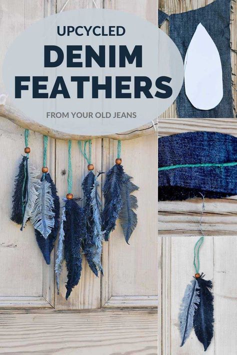 Denim Feathers, Återvinna Jeans, Artisanats Denim, Kerajinan Diy, Feather Wall Decor, Denim Crafts Diy, Feather Diy, Diy Denim, Upcycle Clothes Diy