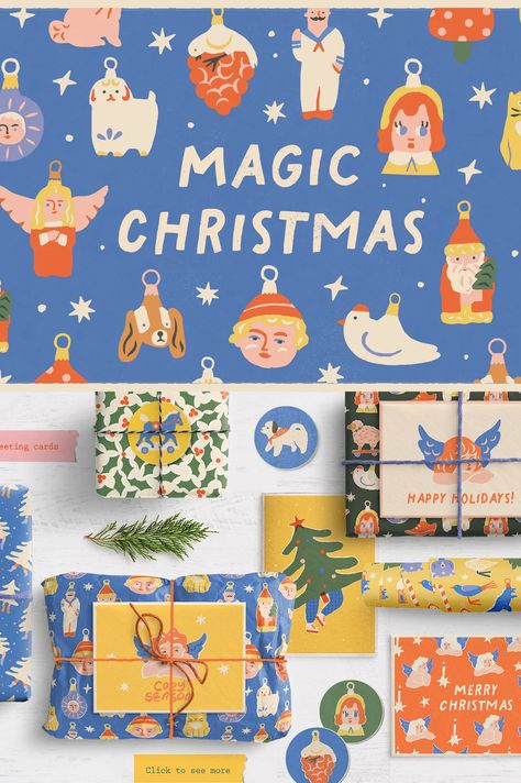 Magic Christmas - Siteoutsite Holiday Packaging Design, Xmas Illustration, Studying Art, Christmas Graphic Design, Victorian Angels, Magic Christmas, Japan Illustration, Christmas Gift Packaging, Graphic Design Cards