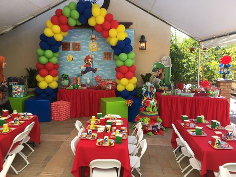 Mario Photo Backdrop, Super Mario Brothers Birthday Party, Super Mario Brothers Birthday, Mario Brothers Birthday Party, Garage Party, Super Mario Birthday Party, Party Chairs, Mario Birthday Party, Super Mario Birthday