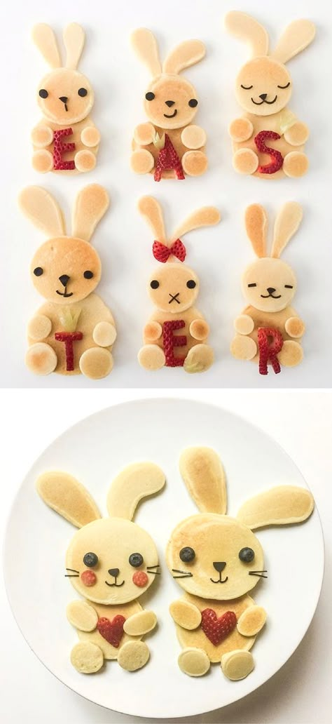 Fun Easter Food Ideas for Kids | Creative Easter themed recipes to make for your children for Breakfast (bunny pancakes!), Brunch, Lunch or a Healthy Snack. Plus, sweet treats and desserts that are perfect for your child's school class party or just for fun - super cute yet easy including cakes, bark, brownies, peeps, bunnies, lambs, mini eggs, rice krispies and more! Head to whatmomslove.com for all the recipes. Easter Themed Recipes, Easter Pancakes, Påskeaktiviteter For Barn, Bunny Pancakes, Easter Fun Food, Themed Recipes, Dessert Parfait, Easter Breakfast, Food Art For Kids