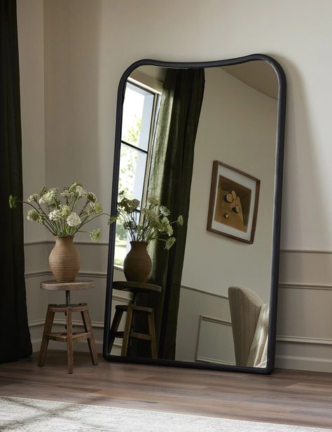 Antique Floor Mirror, Black Floor Mirror, Burled Wood Furniture, Mirror Antique, Mantel Mirrors, Amber Lewis, Cordless Table Lamps, Dining Room Storage, Bathroom Ceiling Light