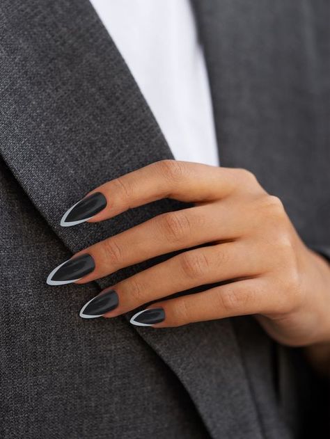 Colorblock French Tip Nails, Black Nail White French Tip, Black With White French Tip Nails, Monochrome French Nails, Black Nails White French Tip, Black Nails With White French, Black Nails With White French Tip, White Nails Black Tips, Black Nails With French Tip