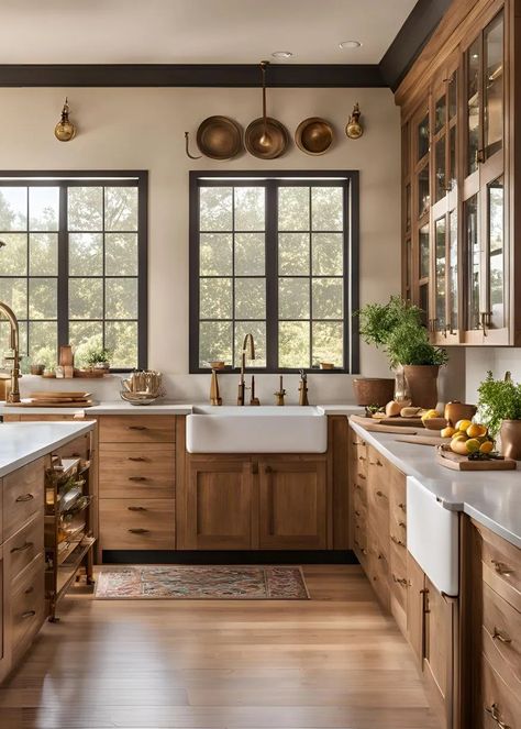 Wood Island With Wood Floors, Farm Style House Kitchen, Kitchen Set Ups Layout, Farm Kitchen Wood Cabinets, Natural Wood Farmhouse Kitchen, Farmhouse Meets Modern, English Cottage Modern Kitchen, Western Kitchen Remodel, Cabin Farmhouse Kitchen