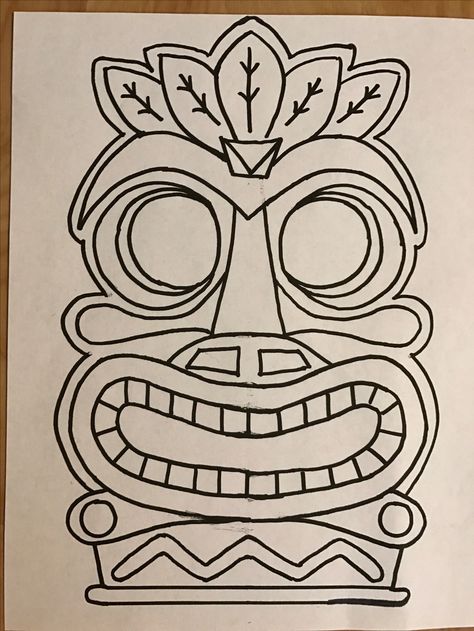 Tiki Face Mask kid craft. Just cut out eyes and around tiki and let kids color then add a stick to the back Tiki Craft, Hawaiian Arts And Crafts, How To Draw A Tiki Head, Tiki Crafts For Kids, Luau Crafts For Kids, Hawaiian Crafts For Kids, Tiki Faces Template Free Printable, Diy Tiki Decorations, Tiki Faces Drawing Easy