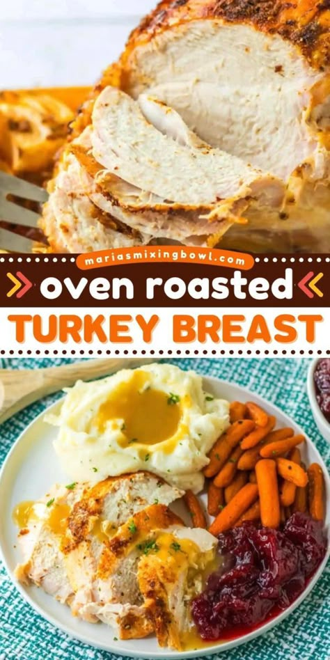 A Thanksgiving dinner recipe for baked turkey! It's perfect for a small family. Not only is this simple oven roasted turkey breast an easy Thanksgiving main dish, but it is also tender and juicy with a flavorful blend of spices! Baked Turkey Breast Recipes, Oven Roasted Turkey Breast, Herb Roasted Turkey Breast, Thanksgiving Main Dish, Turkey Breast Crockpot, Cooking Turkey Breast, Herb Roasted Turkey, Crockpot Turkey, Oven Roasted Turkey